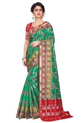 Green woven cotton silk saree with blouse 1