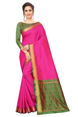 Pink plain silk saree with blouse 1