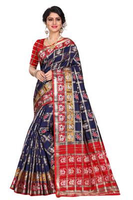 Blue woven cotton silk saree with blouse 4