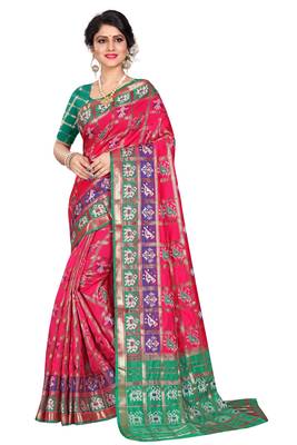 Pink woven cotton silk saree with blouse 1