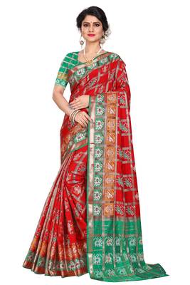 Red woven cotton silk saree with blouse 1