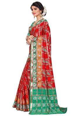Red woven cotton silk saree with blouse 2