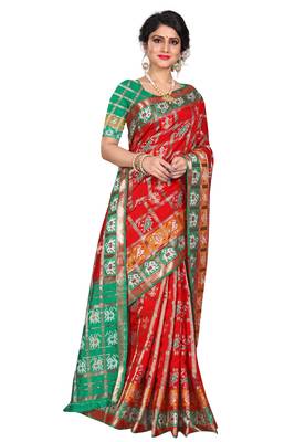 Red woven cotton silk saree with blouse 4