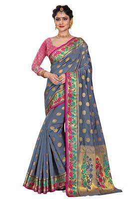 Grey woven cotton silk saree with blouse 1