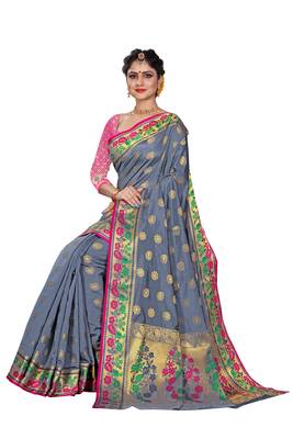 Grey woven cotton silk saree with blouse 4