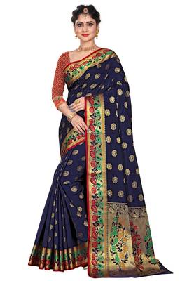 Blue woven cotton silk saree with blouse 1