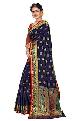 Blue woven cotton silk saree with blouse 2