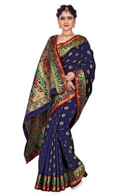 Blue woven cotton silk saree with blouse 3