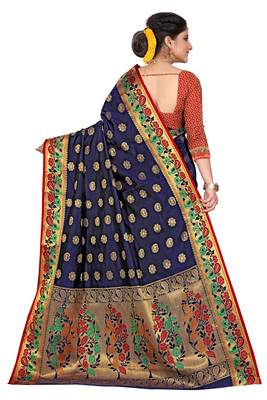 Blue woven cotton silk saree with blouse 4