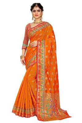 Orange woven cotton silk saree with blouse 1