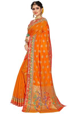 Orange woven cotton silk saree with blouse 2