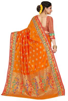 Orange woven cotton silk saree with blouse 3
