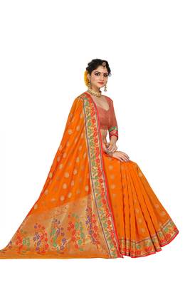 Orange woven cotton silk saree with blouse 4