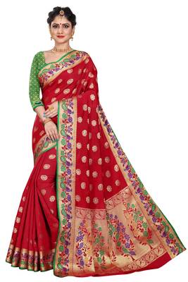 Red woven cotton silk saree with blouse 1