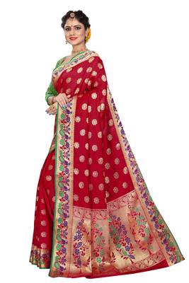 Red woven cotton silk saree with blouse 2