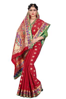 Red woven cotton silk saree with blouse 3