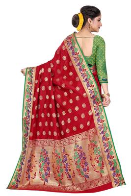 Red woven cotton silk saree with blouse 4