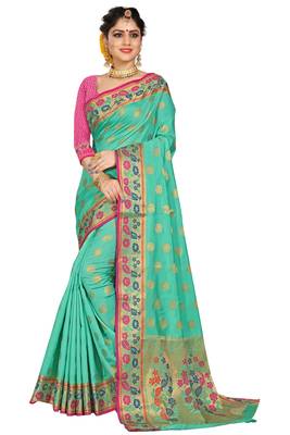 Green woven cotton silk saree with blouse 1