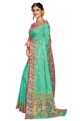 Green woven cotton silk saree with blouse 2
