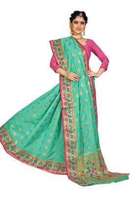 Green woven cotton silk saree with blouse 4