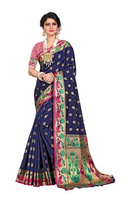 Blue woven cotton silk saree with blouse 1