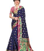 Blue woven cotton silk saree with blouse