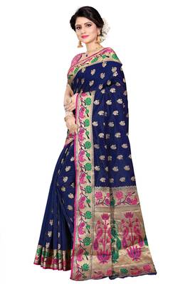 Blue woven cotton silk saree with blouse 2