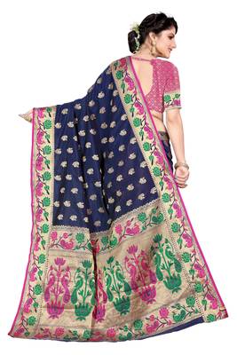 Blue woven cotton silk saree with blouse 3