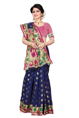 Blue woven cotton silk saree with blouse 4