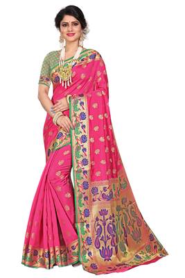 Pink woven cotton silk saree with blouse 1