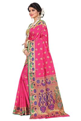 Pink woven cotton silk saree with blouse 2