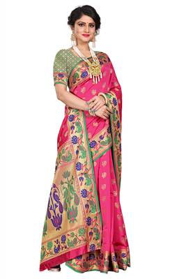 Pink woven cotton silk saree with blouse 4