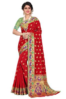 Red woven cotton silk saree with blouse 1