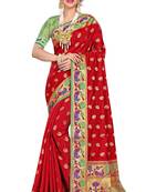 Red woven cotton silk saree with blouse
