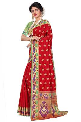Red woven cotton silk saree with blouse 2