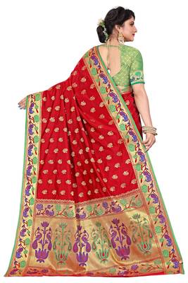 Red woven cotton silk saree with blouse 3