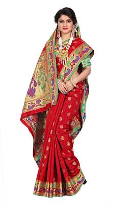 Red woven cotton silk saree with blouse 4
