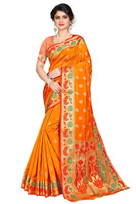 Yellow woven cotton silk saree with blouse 1