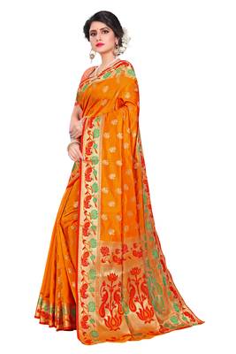 Yellow woven cotton silk saree with blouse 2