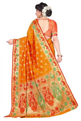 Yellow woven cotton silk saree with blouse 3