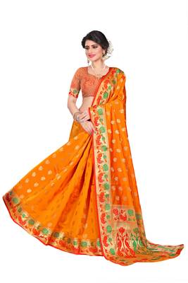 Yellow woven cotton silk saree with blouse 4