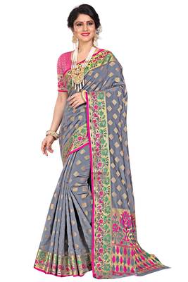 Grey woven cotton silk saree with blouse 1