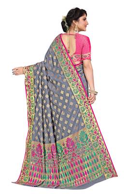 Grey woven cotton silk saree with blouse 3