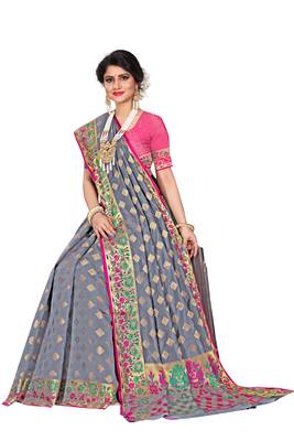 Grey woven cotton silk saree with blouse 4