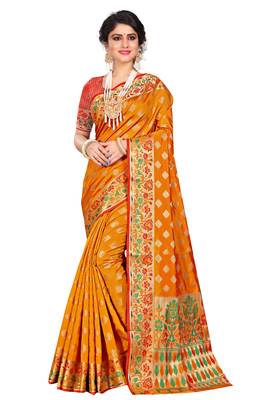 Orange woven cotton silk saree with blouse 1