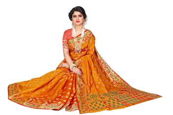 Orange woven cotton silk saree with blouse 4