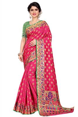 Pink woven cotton silk saree with blouse 1