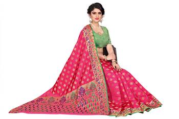Pink woven cotton silk saree with blouse 4