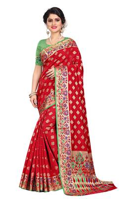 Red woven cotton silk saree with blouse 1
