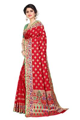 Red woven cotton silk saree with blouse 2
